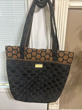 Cinda B Quilted Black Tote with Brown Hex Accent